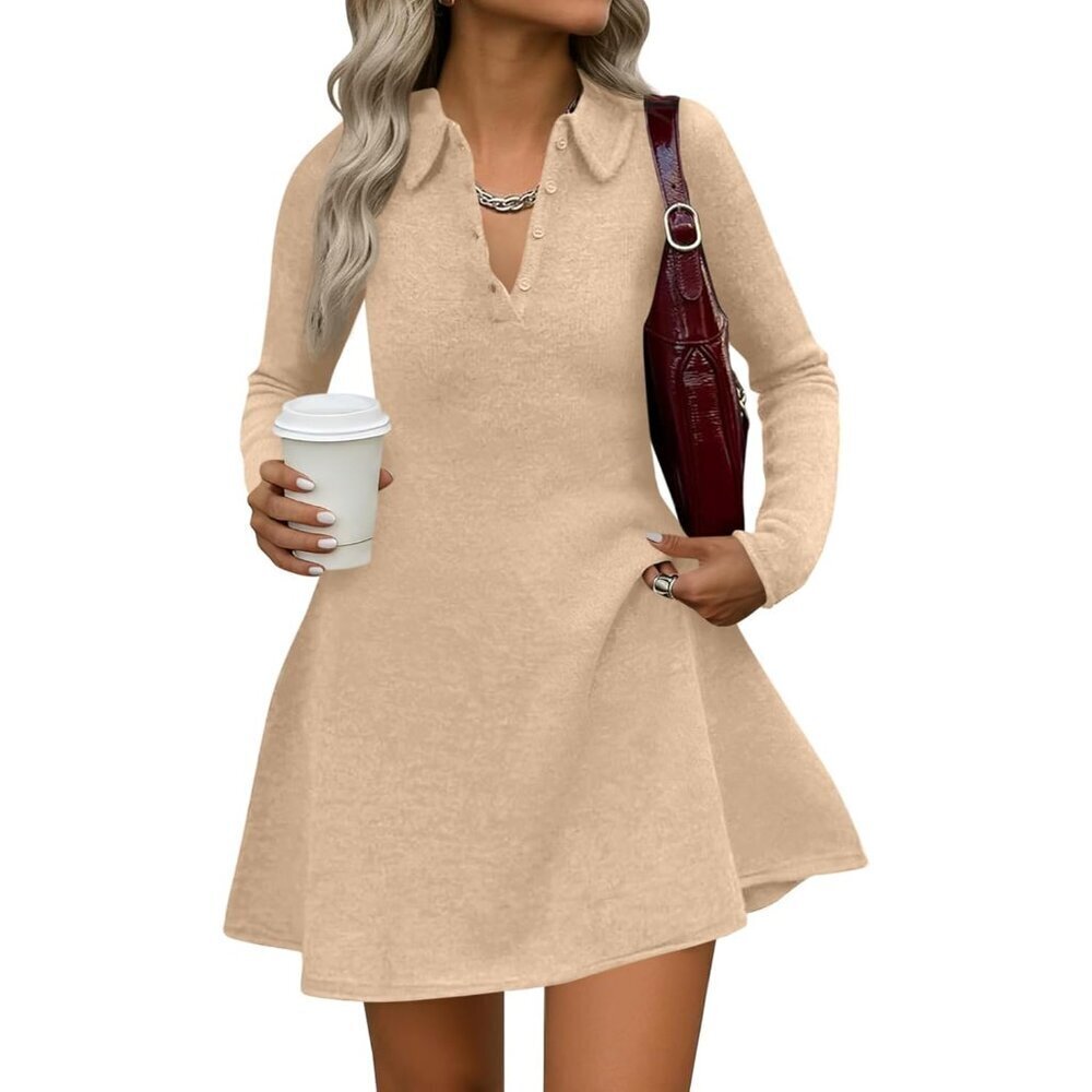 Womens Sweater Dress Knit Fall V Neck A Line Button Long Sleeve Small